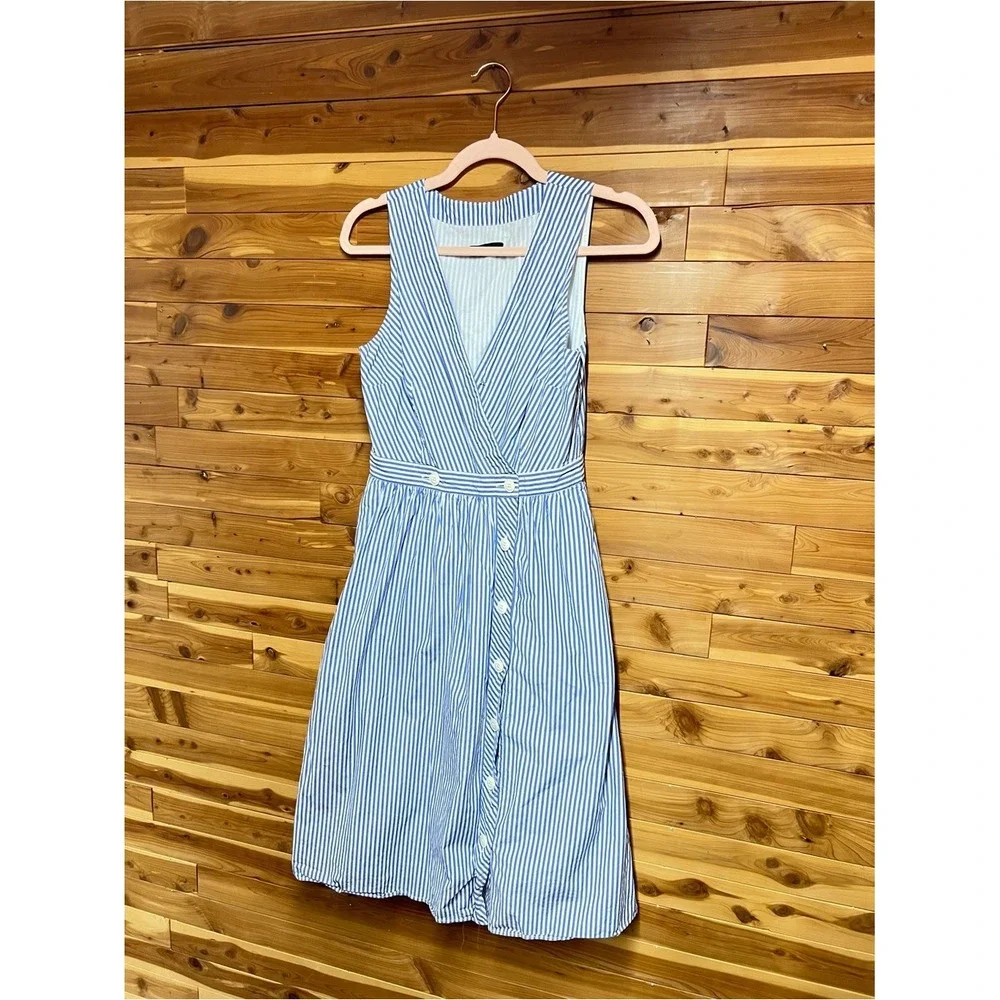 J. Crew Blue and White Striped Sleeveless Wrap Dress